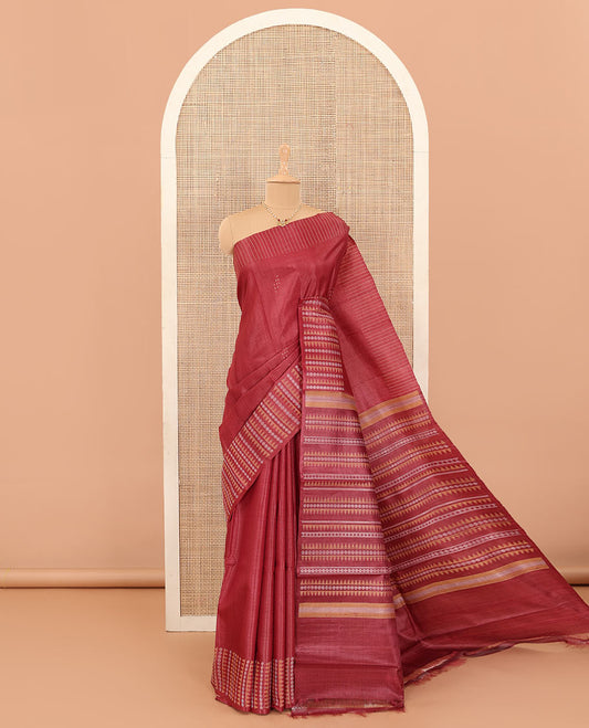 Red buttas tussar silk saree, self-border and pallu of temple and rudraksham designs