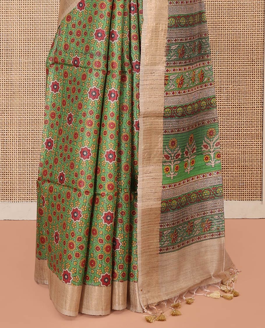 Green Tussar Silk Saree Enlivened with Ajrakh-Style Motifs Print, Complemented by Contrast Border, Pallu Featuring Floral and Geometric Print, Paired with a Contrast Blouse