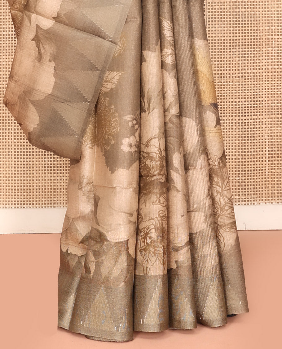Pale Brown Tussar Silk Saree, Embellished with Floral and Bird Print on Its Body, a Temple Border, Striped Pallu, and Paired with a Matching Blouse