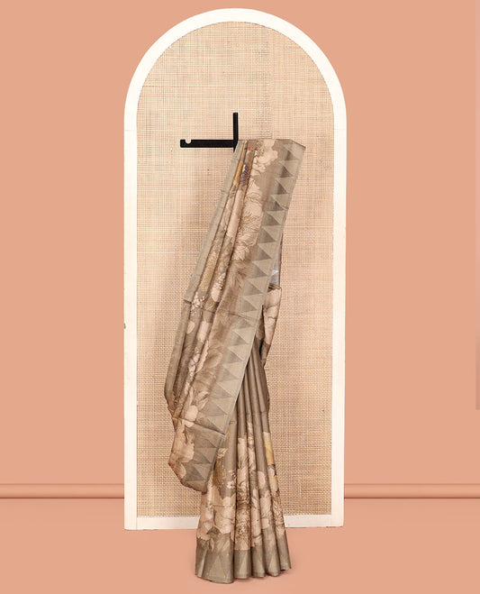 Pale Brown Tussar Silk Saree, Embellished with Floral and Bird Print on Its Body, a Temple Border, Striped Pallu, and Paired with a Matching Blouse
