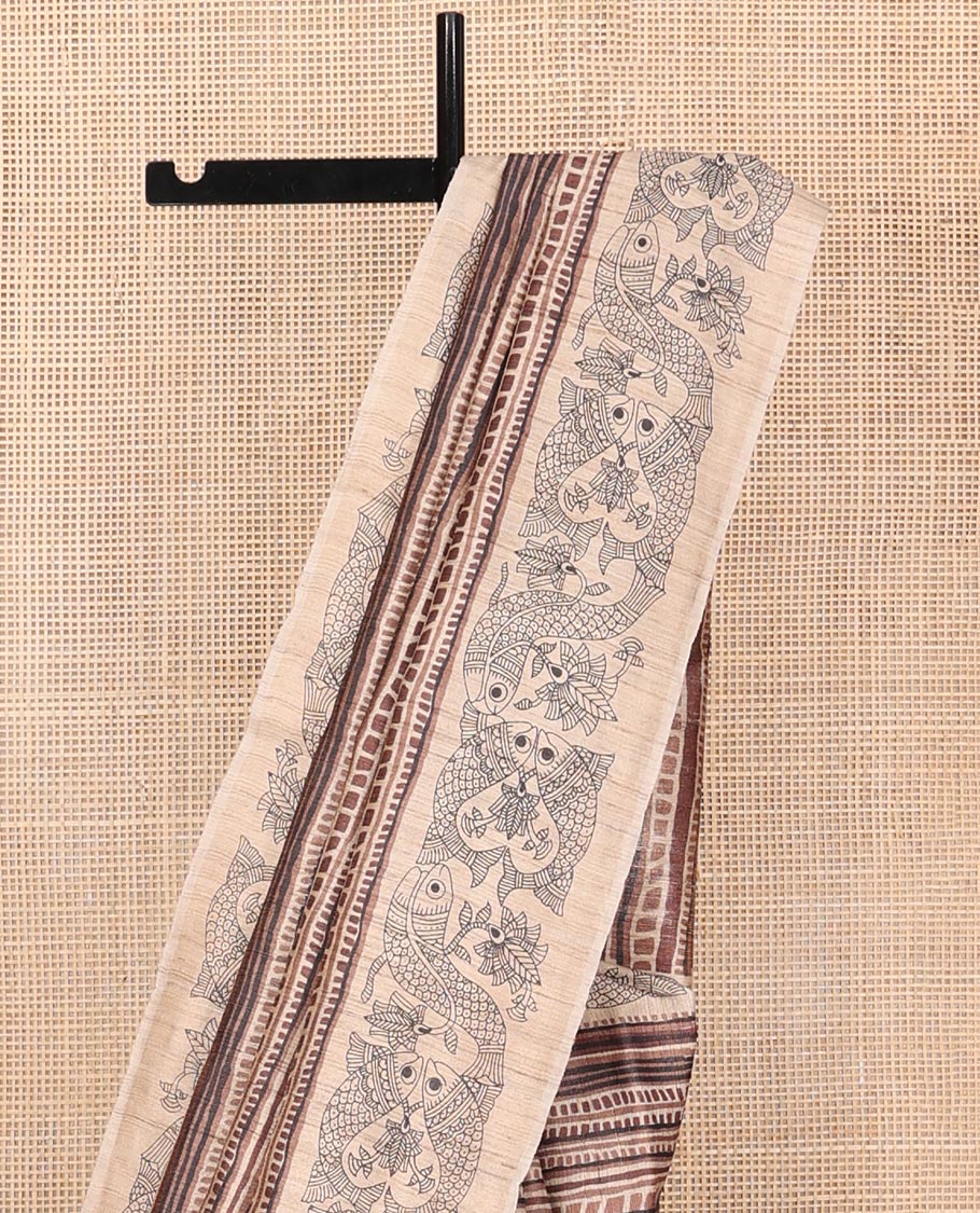 Brown Tussar Silk Saree, Impeccably Styled with Geometric Patterns, Complemented by a Contrast Fishes Printed Border, Printed Pallu, and a Contrast Blouse