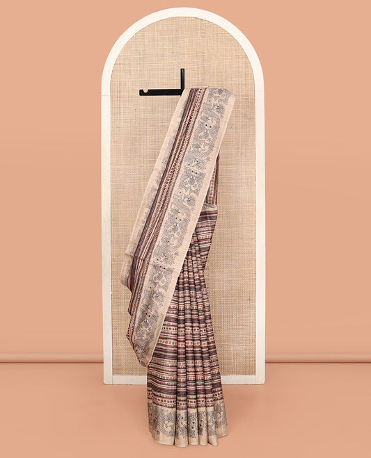 Brown Tussar Silk Saree, Impeccably Styled with Geometric Patterns, Complemented by a Contrast Fishes Printed Border, Printed Pallu, and a Contrast Blouse