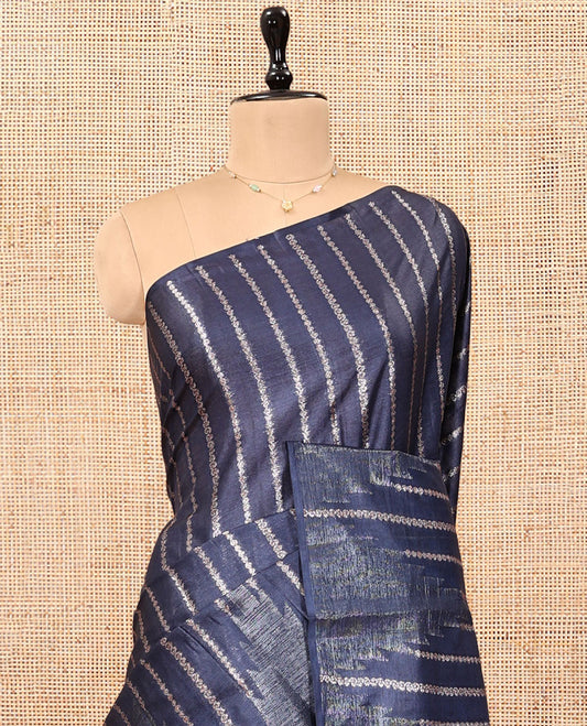 Blue Tussar Silk Saree, Majestically Detailed with Zari Stripes and Temple Design, Grand Jaal Pallu, and a Matching Blouse