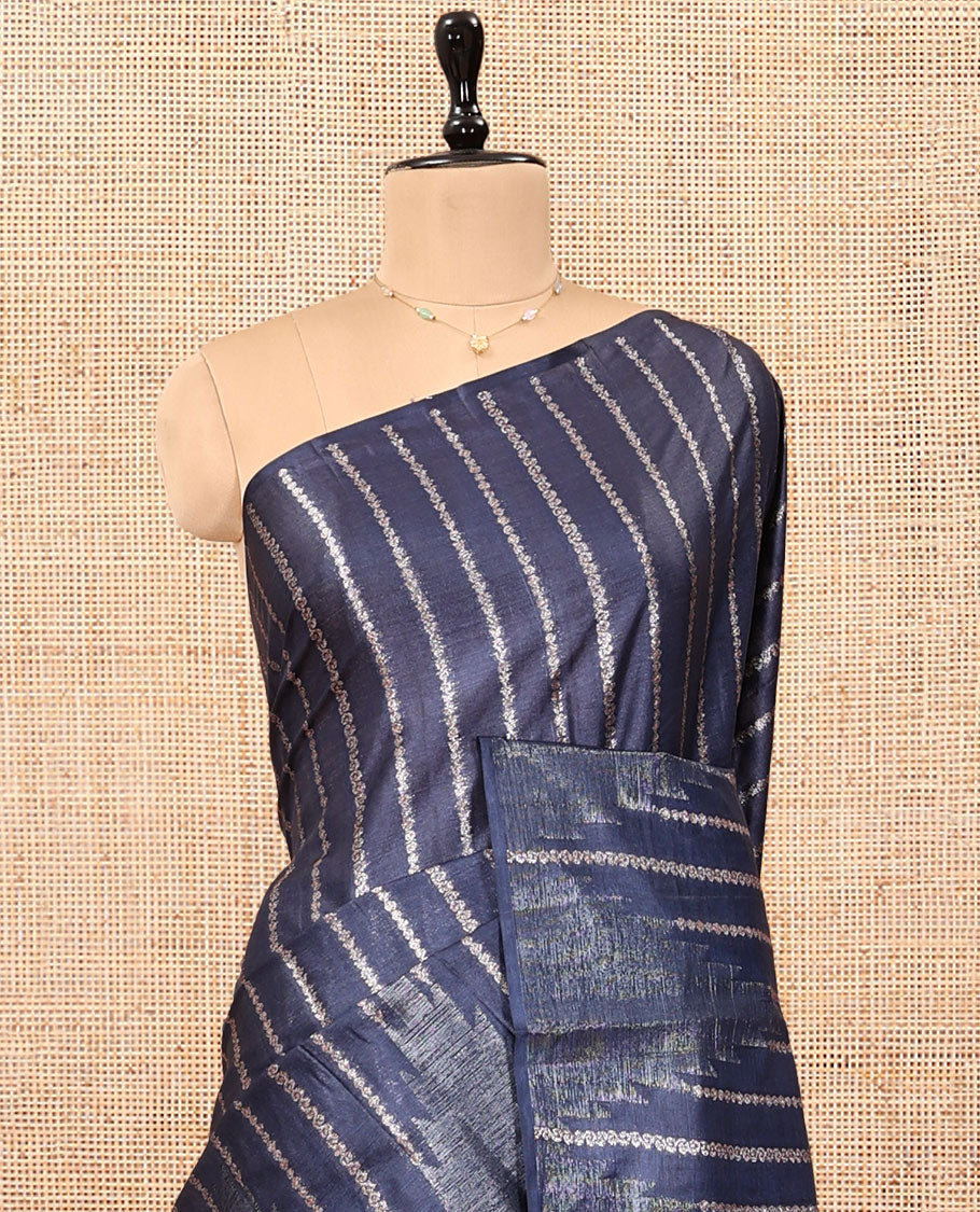 Blue Tussar Silk Saree, Majestically Detailed with Zari Stripes and Temple Design, Grand Jaal Pallu, and a Matching Blouse