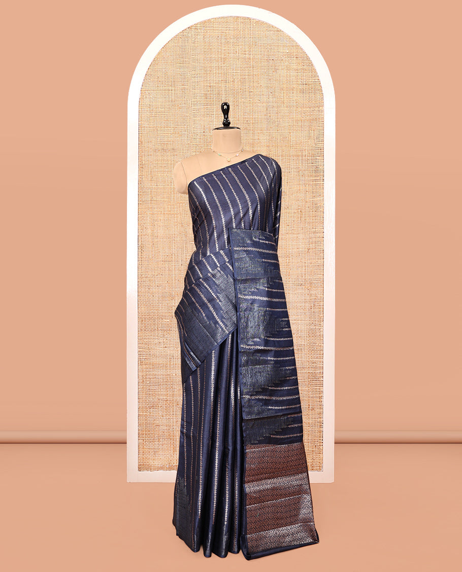 Blue Tussar Silk Saree, Majestically Detailed with Zari Stripes and Temple Design, Grand Jaal Pallu, and a Matching Blouse