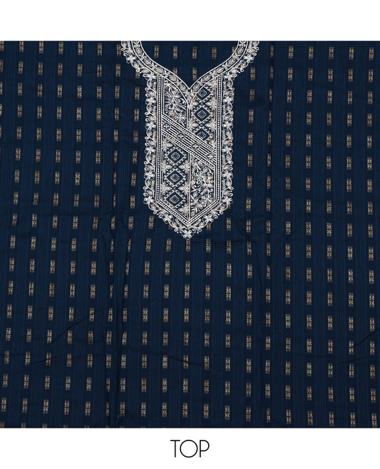 Blue material chudidar set, buttas with neck embroidered top, contrast plain bottom, and thread and sequins embroidered dupatta