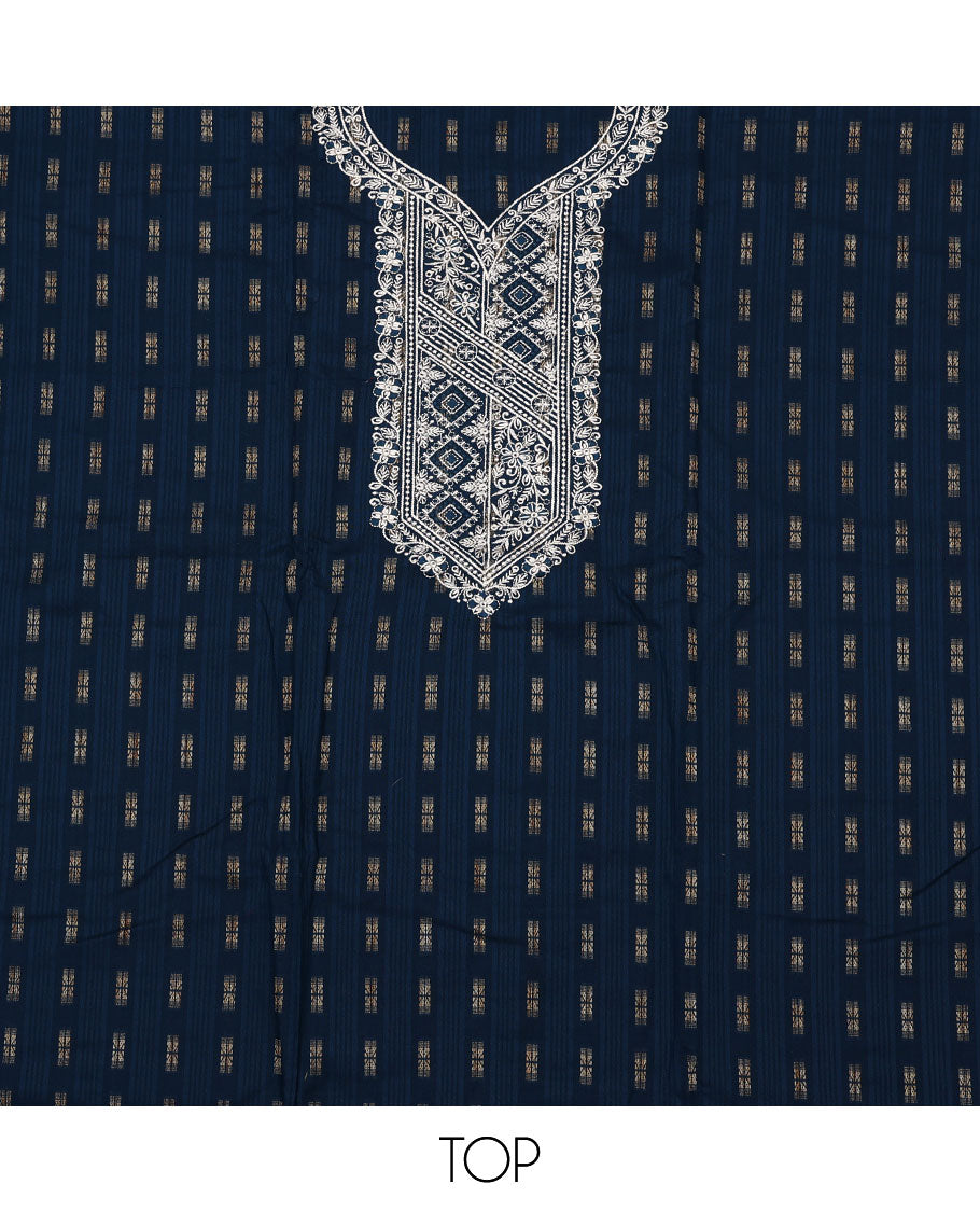 Blue material chudidar set, buttas with neck embroidered top, contrast plain bottom, and thread and sequins embroidered dupatta