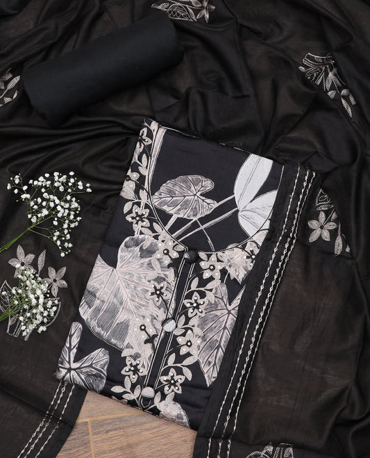 Black material chudidar set, floral printed with neck embroidered top, plain bottom, and floral embroidered dupatta