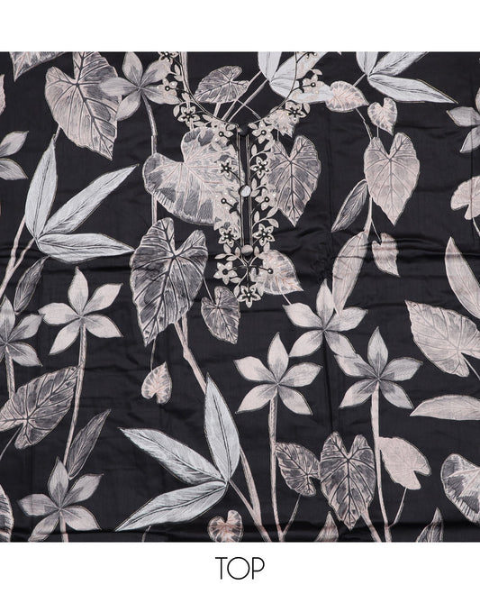 Black material chudidar set, floral printed with neck embroidered top, plain bottom, and floral embroidered dupatta