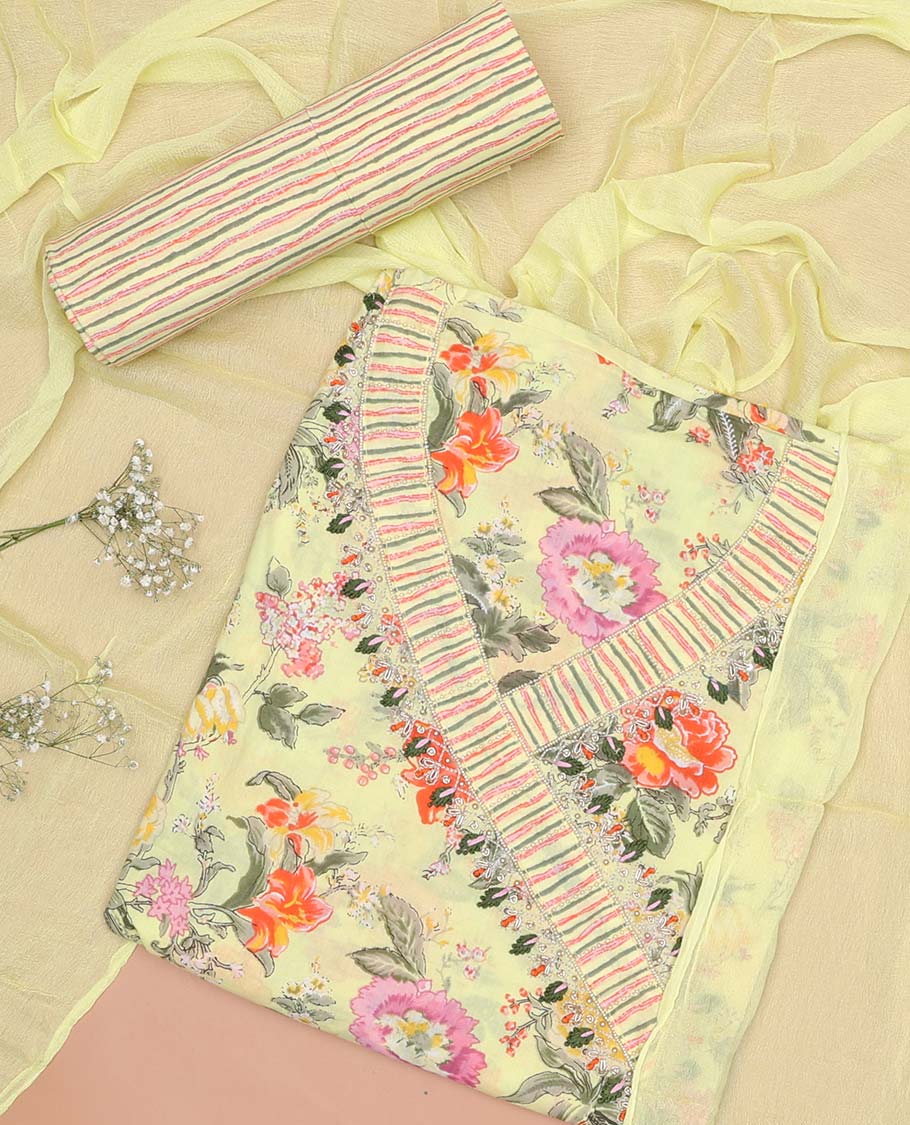 Yellow chudidhar material set floral print with thread, beads embroidery, striped bottom & plain dupattta