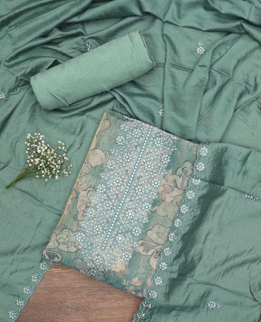 Blue chudidhar material set floral printed with thread embroidery top, plain bottom & floral motif embroidery scallop border dupatta