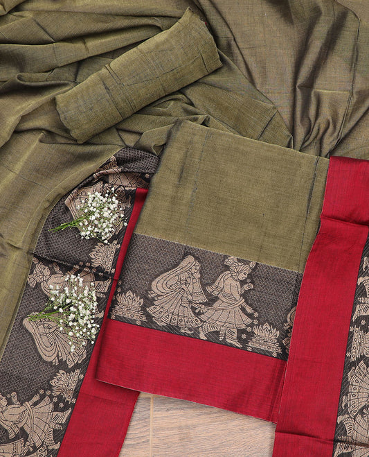 Green wedding design chudidhar material top with plain bottom & plain, zari design border dupatta