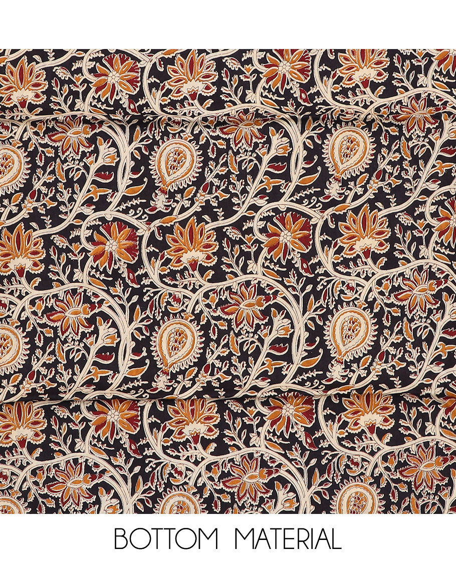 Purple material chudidar set, neck cloth and kantha style embroidered top, contrast floral vine printed bottom and dupatta