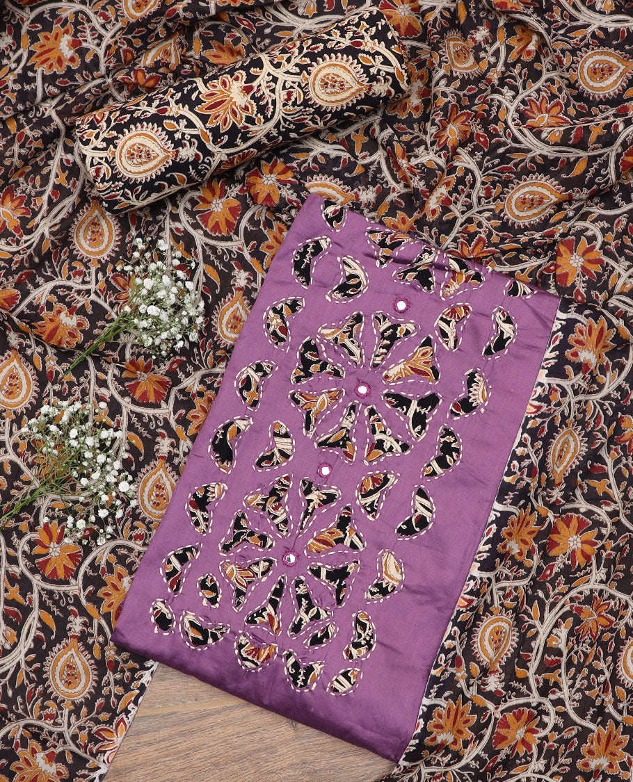 Purple material chudidar set, neck cloth and kantha style embroidered top, contrast floral vine printed bottom and dupatta