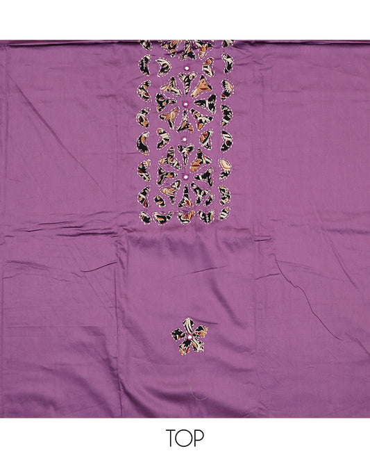 Purple material chudidar set, neck cloth and kantha style embroidered top, contrast floral vine printed bottom and dupatta