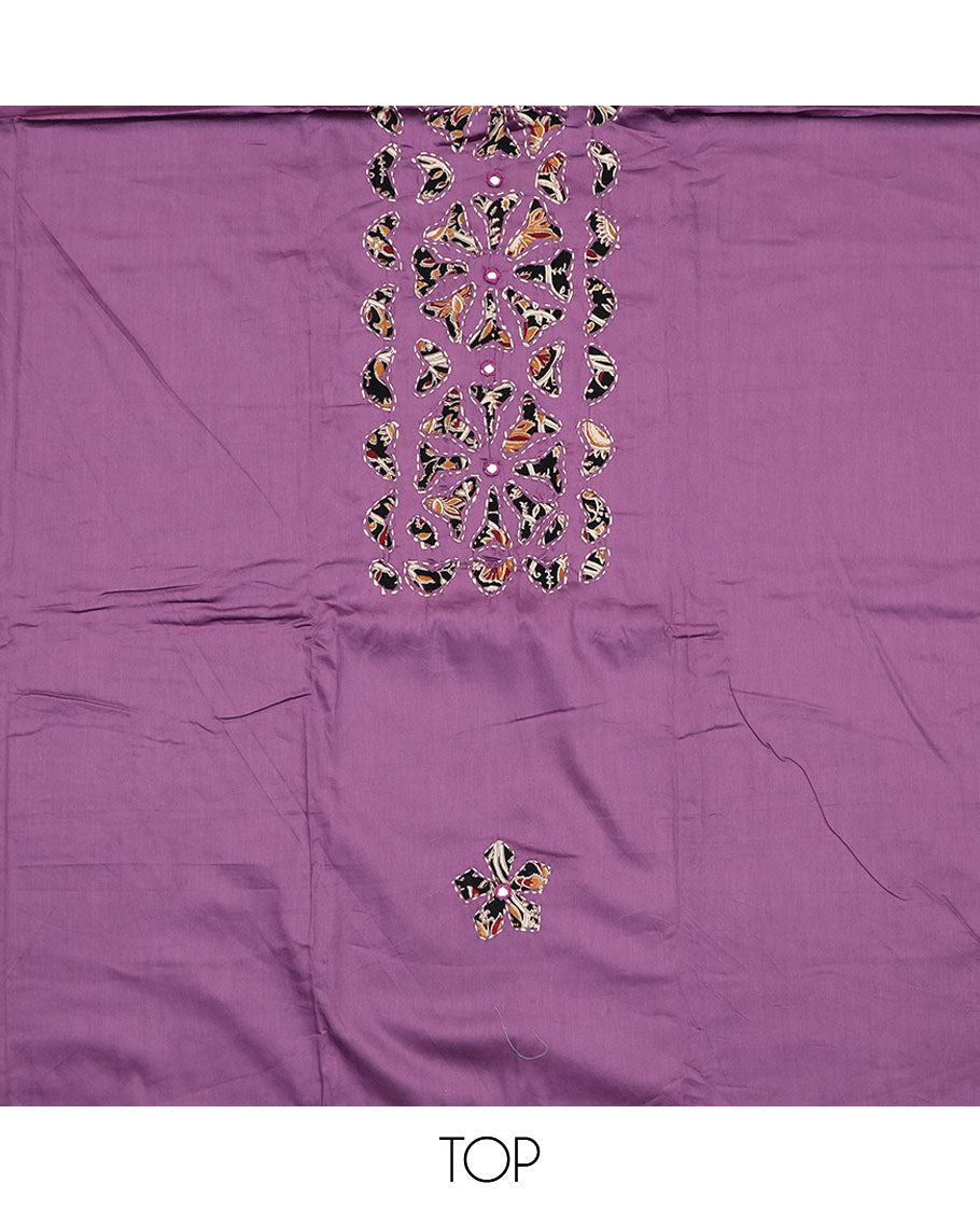 Purple material chudidar set, neck cloth and kantha style embroidered top, contrast floral vine printed bottom and dupatta