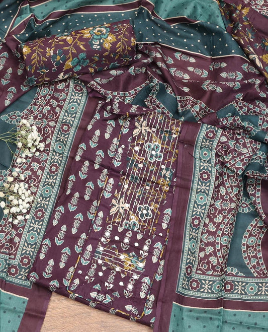 Purple Material Chudidar Set, Ornamented with Floral Block Print and Neck Work Cotton Top, a Floral Printed Cotton Bottom, and Paired with Floral Printed Dupatta