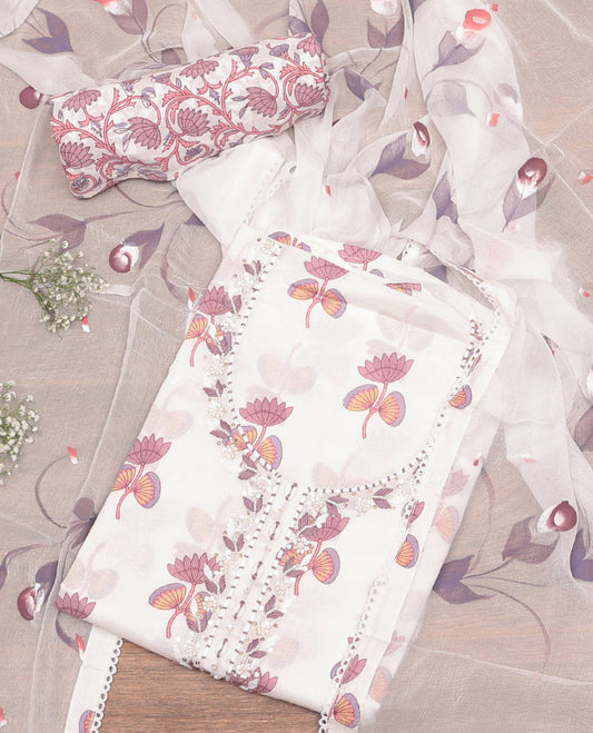 White Cotton Material Churidar Set, Crafted with Floral Print and Embroidery Top, Floral Printed Bottom, and Floral Dupatta