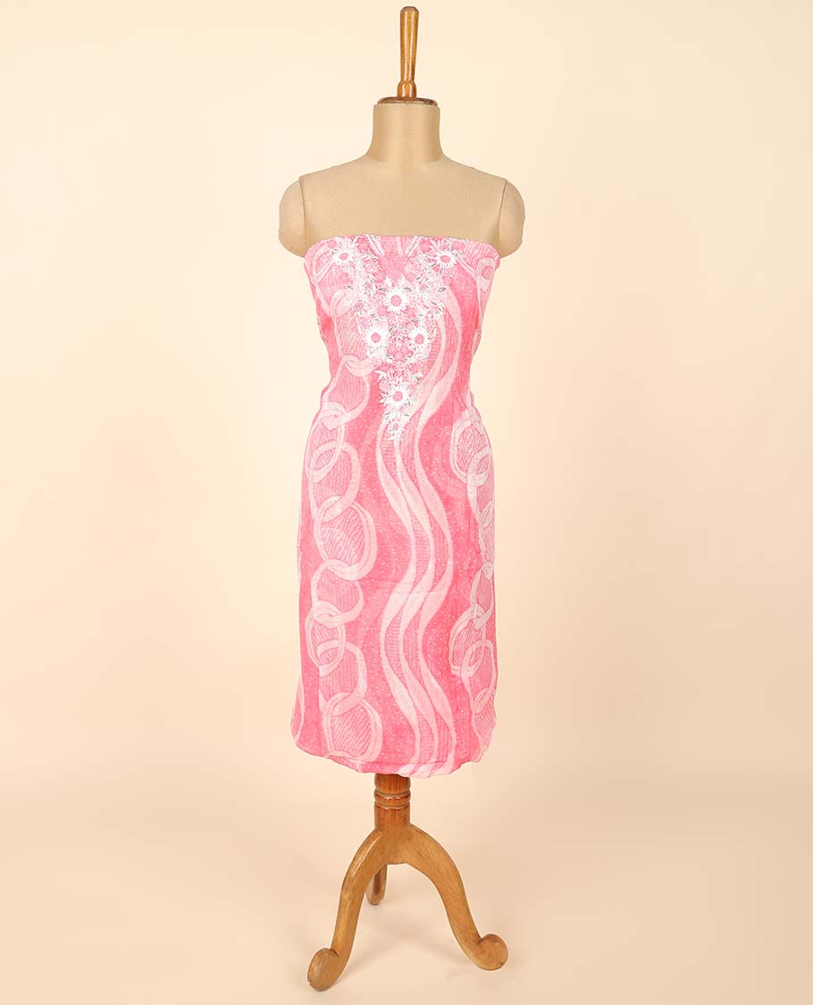 Pink material chudidhar set, unique print & embroidered top, plain bottom & embroidered dupatta