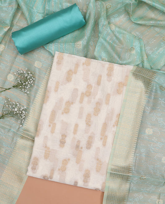 Cream chudidhar material set, foral motifs top , blue plain bottom & floral embroidered dupatta