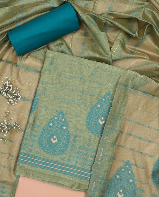 Blue chudidhar material set, floral motifs top, plain bottom & striped, floral motifs dupatta