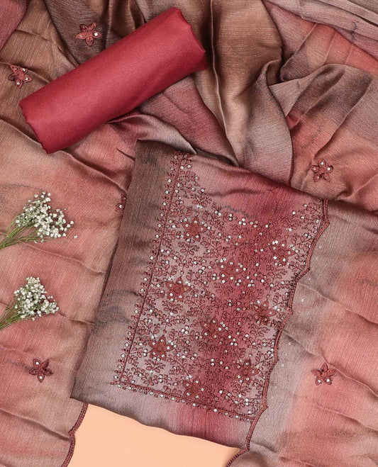 Multi-color chudidhar material set floral thread embroidered top, with plain bottom & floral motifs thread embroidered dupatta