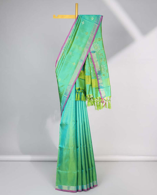 green floral motifs upadda silk saree with self zari border & floral vine design pallu