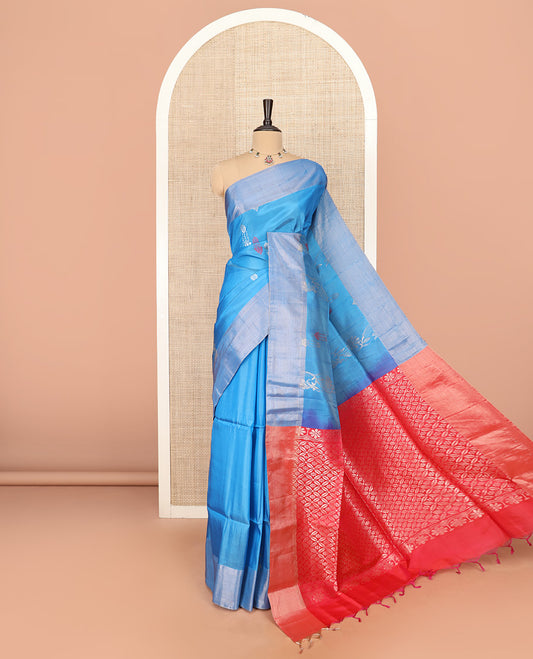 Blue Semi Uppada Saree Subtly Sparkled with Zari Buttas, Complemented by a Bavanji Border, Contrasting Pallu of Intricate Zari Designs, and Paired with a Contrast Blouse