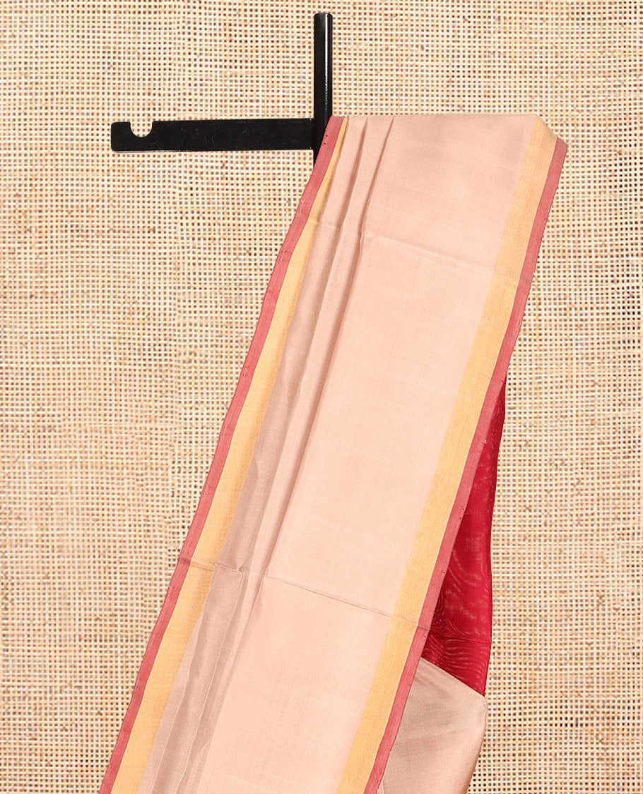 Peach Plain Uppada Silk Saree, Complemented by Contrast Bavanji Border, Plain Pallu and Contrast Blouse