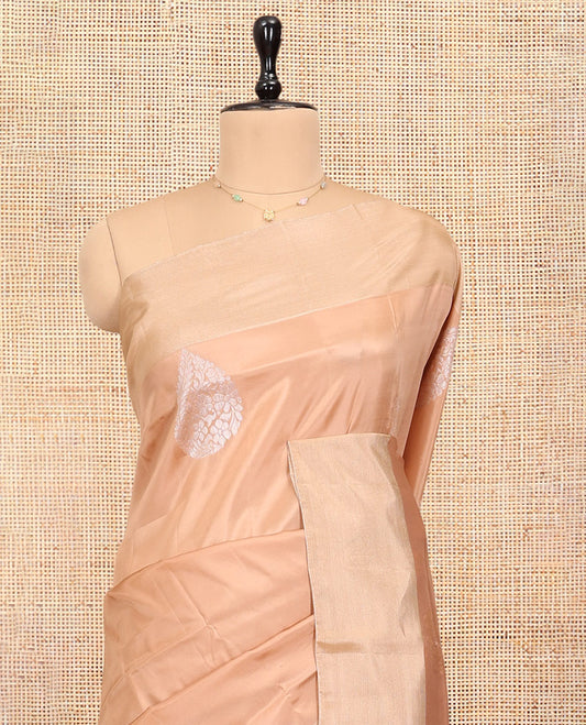 Sandal Uppada Saree, Accentuated with Floral Buttas, a Bavanji Border, Contrast Intricate Pallu, and a Contrast Blouse