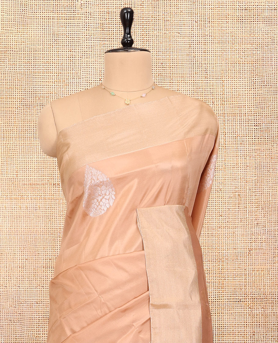 Sandal Uppada Saree, Accentuated with Floral Buttas, a Bavanji Border, Contrast Intricate Pallu, and a Contrast Blouse
