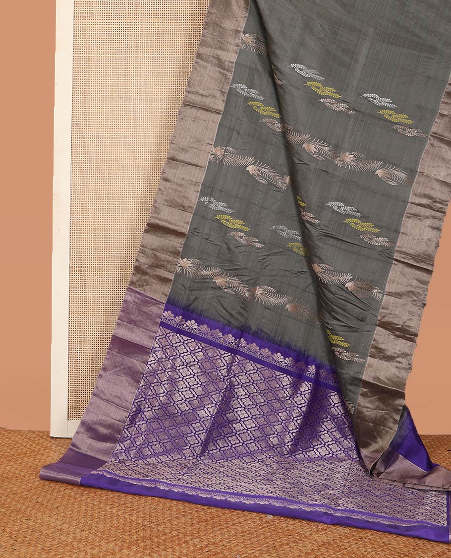 Grey zari buttas Uppada saree, bavanji border, and contrast jaal design pallu