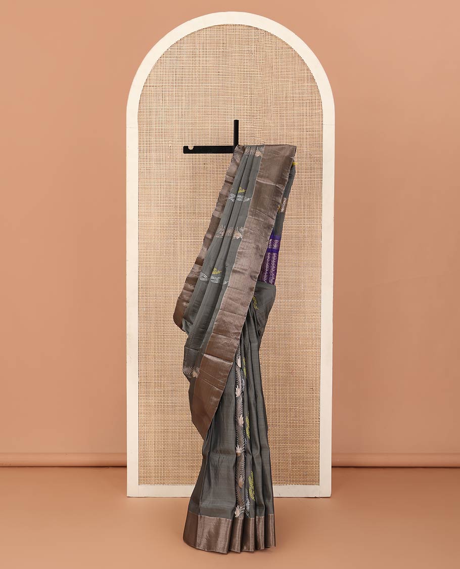 Grey zari buttas Uppada saree, bavanji border, and contrast jaal design pallu