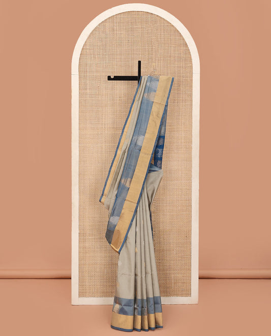 Grey Uppada Silk Saree Featuring Zari Buttas, Contrast Sparsely Woven Temple Border, Pallu Decked Up with Floral-Geometric Designs, and Paired with a Contrast Blouse