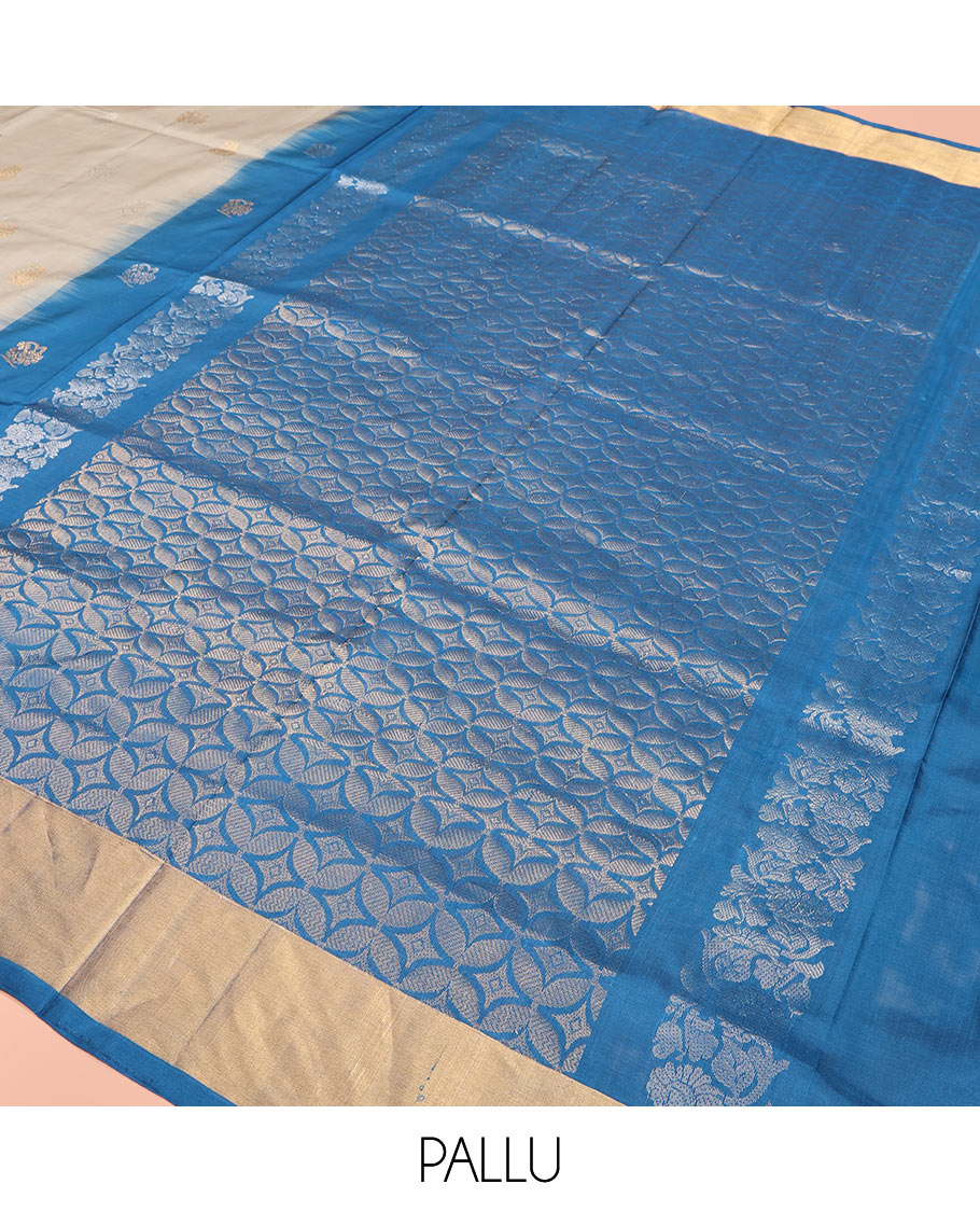 Grey Uppada Silk Saree Featuring Zari Buttas, Contrast Sparsely Woven Temple Border, Pallu Decked Up with Floral-Geometric Designs, and Paired with a Contrast Blouse