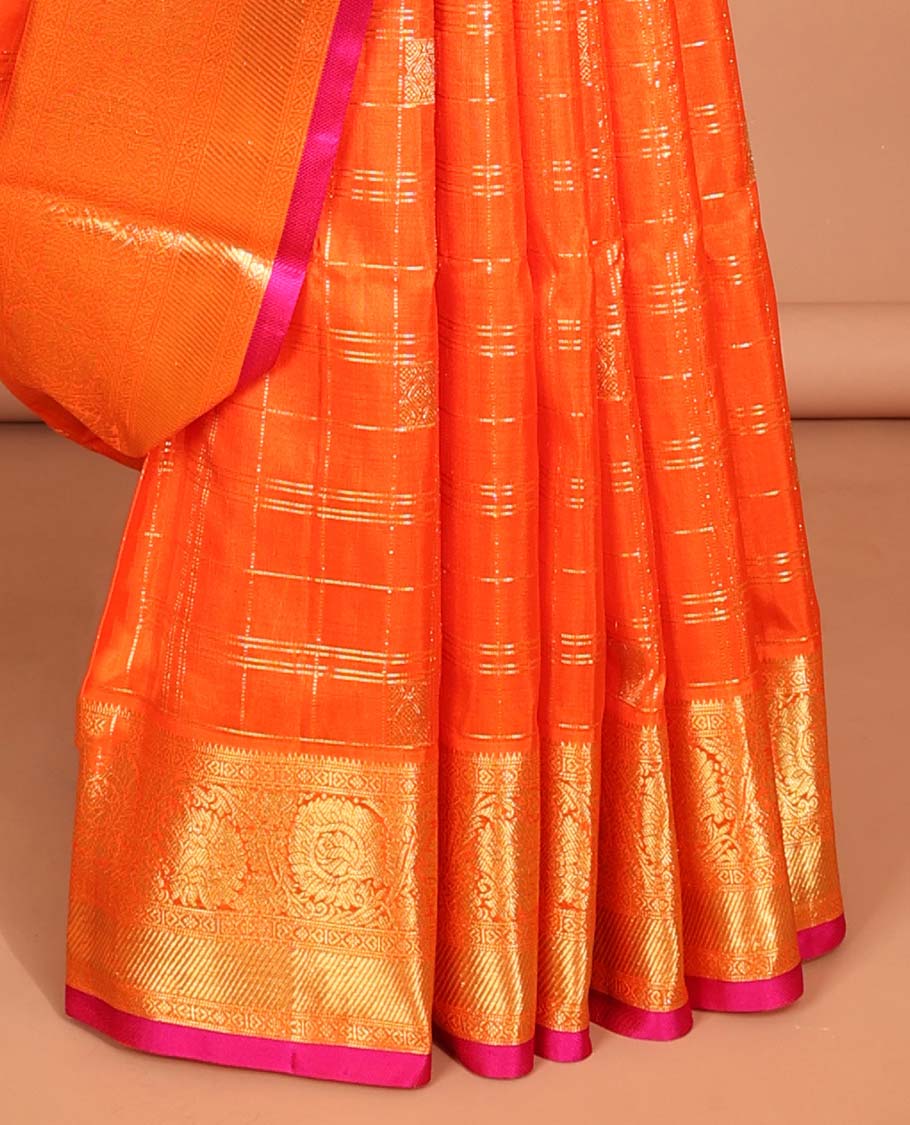 Orange checked zari design vengatagiri pure silk saree, contrast traditional border & paisley motifs , floral design pallu