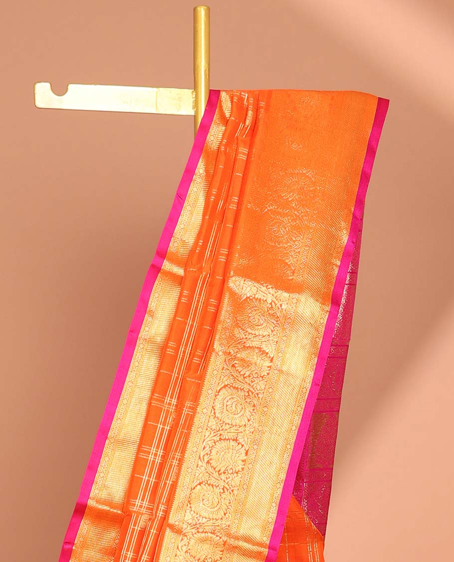 Orange checked zari design vengatagiri pure silk saree, contrast traditional border & paisley motifs , floral design pallu