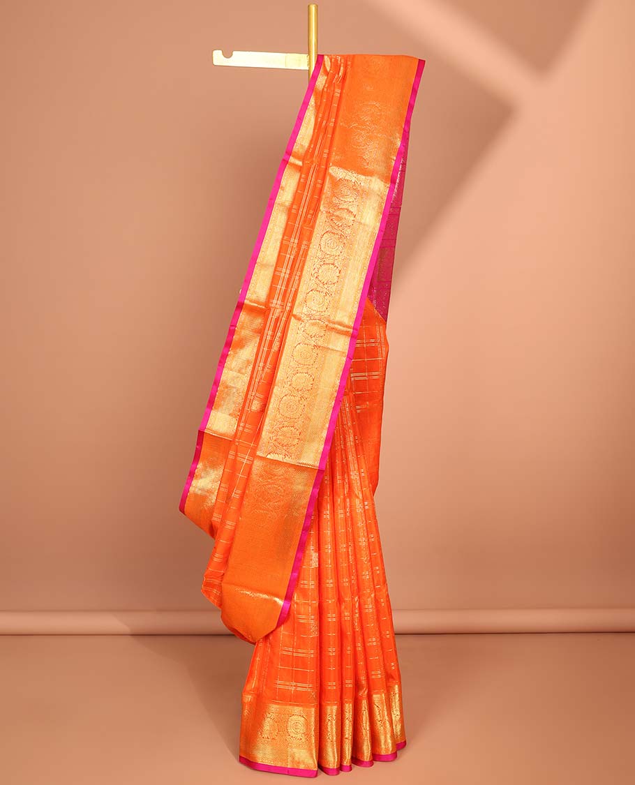 Orange checked zari design vengatagiri pure silk saree, contrast traditional border & paisley motifs , floral design pallu