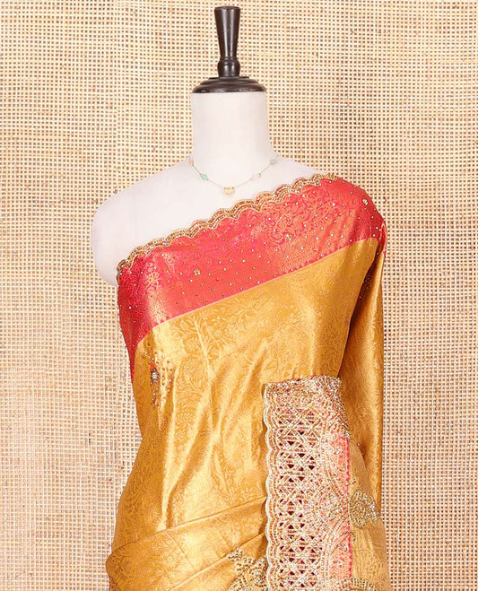 Yellow Vastrakala Silk Saree, Decked up with Jacquard and Embroidery Work, Complemented by Contrast Traditional Zari and Cut Embroidered Scallop Border, Gleaming Grand Zari-Stone Work Pallu, and Paired with Contrast Heavy Stone Embroidered Blouse