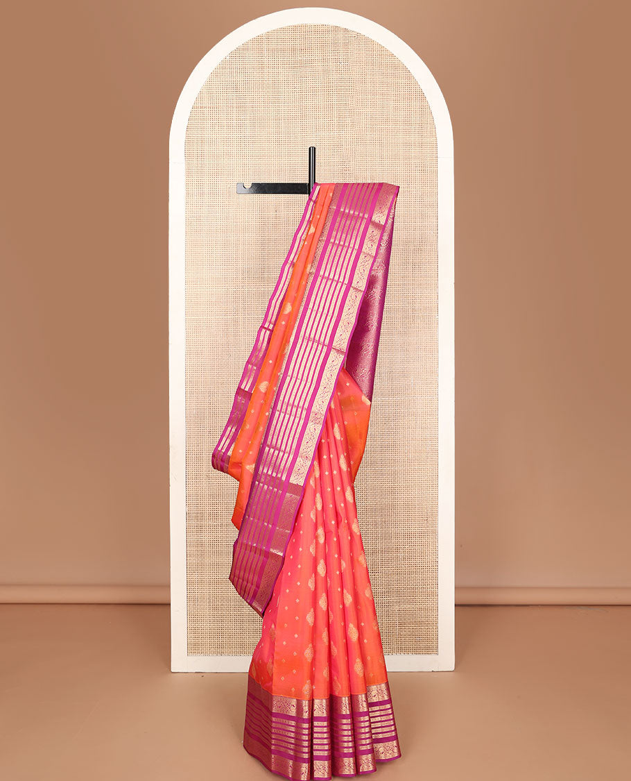 Orange zari buttas vasundhara elite silk saree, contrast border & pallu features thilakam, poun, neli & kodi visiry design