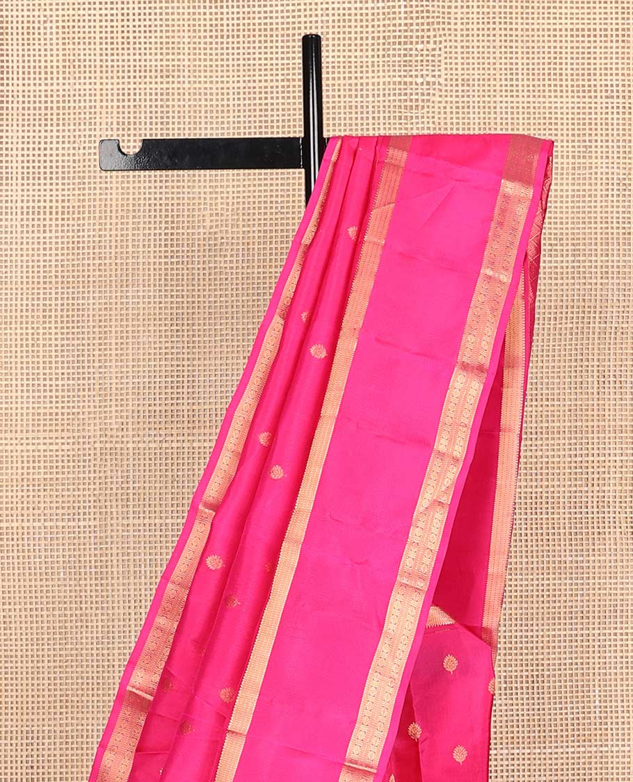 Pink zari buttas Vasundhara silk mix saree, rettai pettu traditional zari border & pallu of jaal design