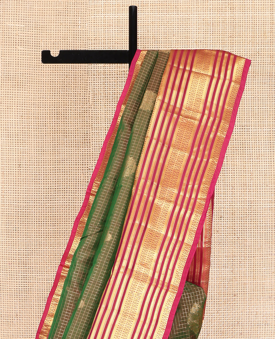 Green Vasundhara Lite Silk Mix Saree, Accentuated with Zari Buttas and Zari Checks on Its Body, Complemented by a Contrast Border of Poun, and Banaras Designs, Intricately Designed Pallu, and Paired with a Contrast Blouse