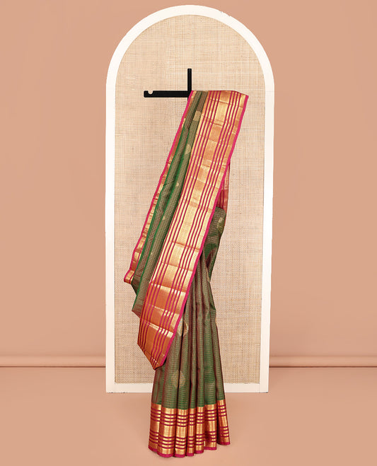 Green Vasundhara Lite Silk Mix Saree, Accentuated with Zari Buttas and Zari Checks on Its Body, Complemented by a Contrast Border of Poun, and Banaras Designs, Intricately Designed Pallu, and Paired with a Contrast Blouse