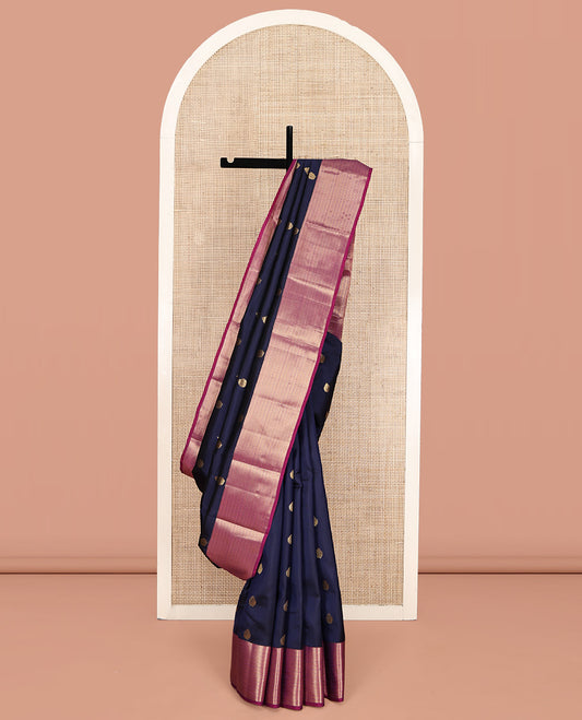 Navy Blue Vasundhara Lite Silk Mix Saree, Elevated with Zari Buttas All Over Its Body, Complemented by a Contrast Border of Muthu, and Kathir Designs, Grand Traditional Design Pallu, and Paired with a Contrast Blouse