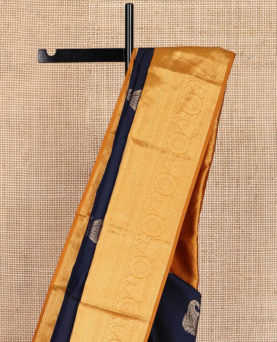 Blue Vasundhara Lite-Silk Mix Saree, Adorned with Manga Zari Buttas, Complemented by a Contrast Traditional Zari Border, Grand Pallu, and a Contrast Blouse
