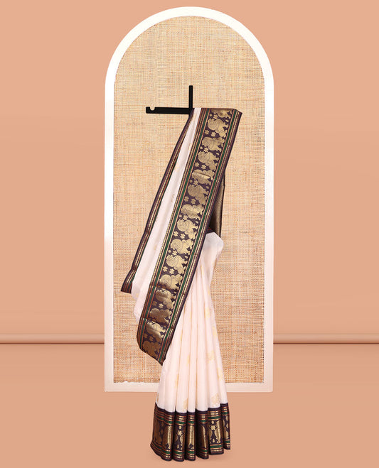 Cream Vasundhara Lite Silk Mix Saree, Woven with Yaali Buttas, a Contrast Singam Border, Grand Jaal Pallu, and a Contrast Blouse