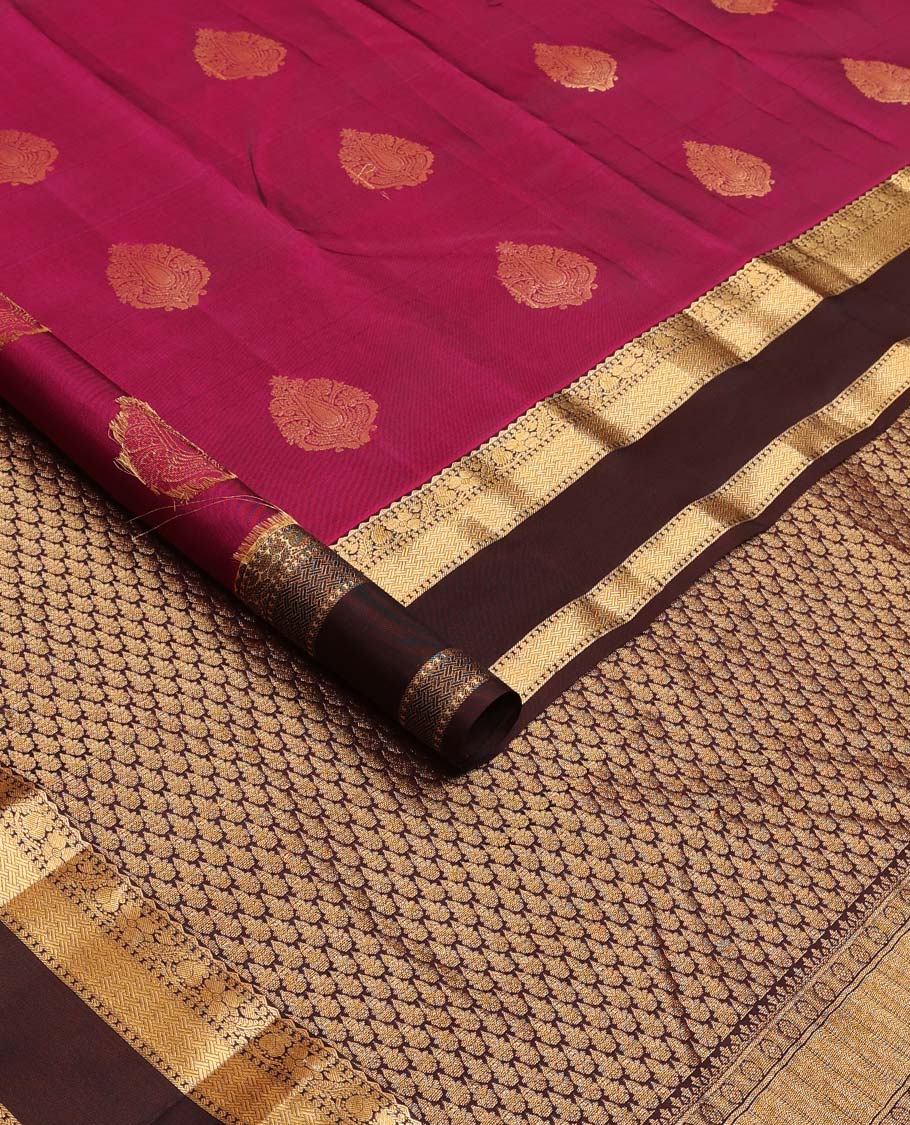 Burgundy zari buttas Vasundhara silk mix saree, contrast rettai pettu border of rekku, manga, kamalam, and paiyaadi kattam designs, and jaal pallu