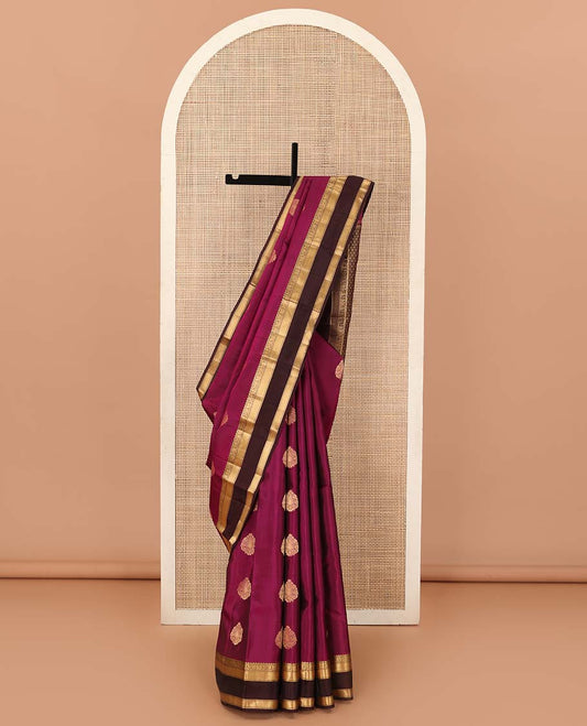 Burgundy zari buttas Vasundhara silk mix saree, contrast rettai pettu border of rekku, manga, kamalam, and paiyaadi kattam designs, and jaal pallu