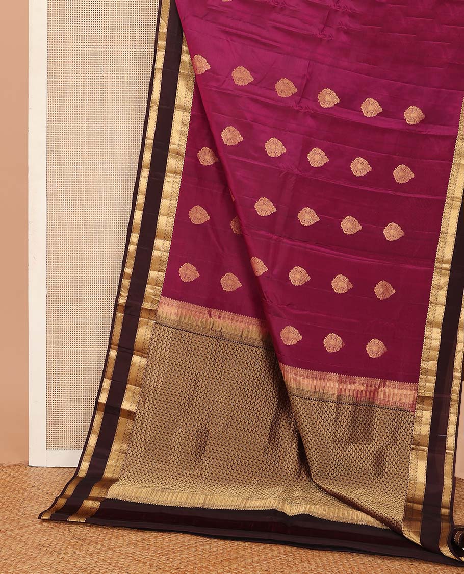 Burgundy zari buttas Vasundhara silk mix saree, contrast rettai pettu border of rekku, manga, kamalam, and paiyaadi kattam designs, and jaal pallu