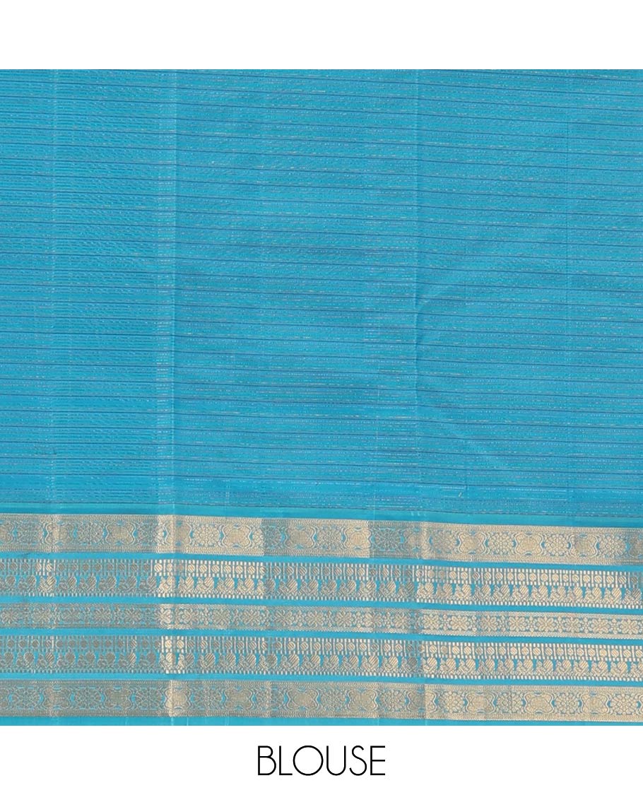 Brown striped Vasundhara silk mix saree, contrast border of muthu, paisa, and mayil designs, and jaal pallu